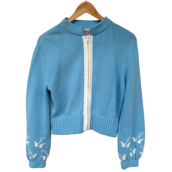 Tennisknit Vintage Acrylic Blue S Zip Cardigan Lilly Floral Cottage Nostalgic - Picture 2 of 10